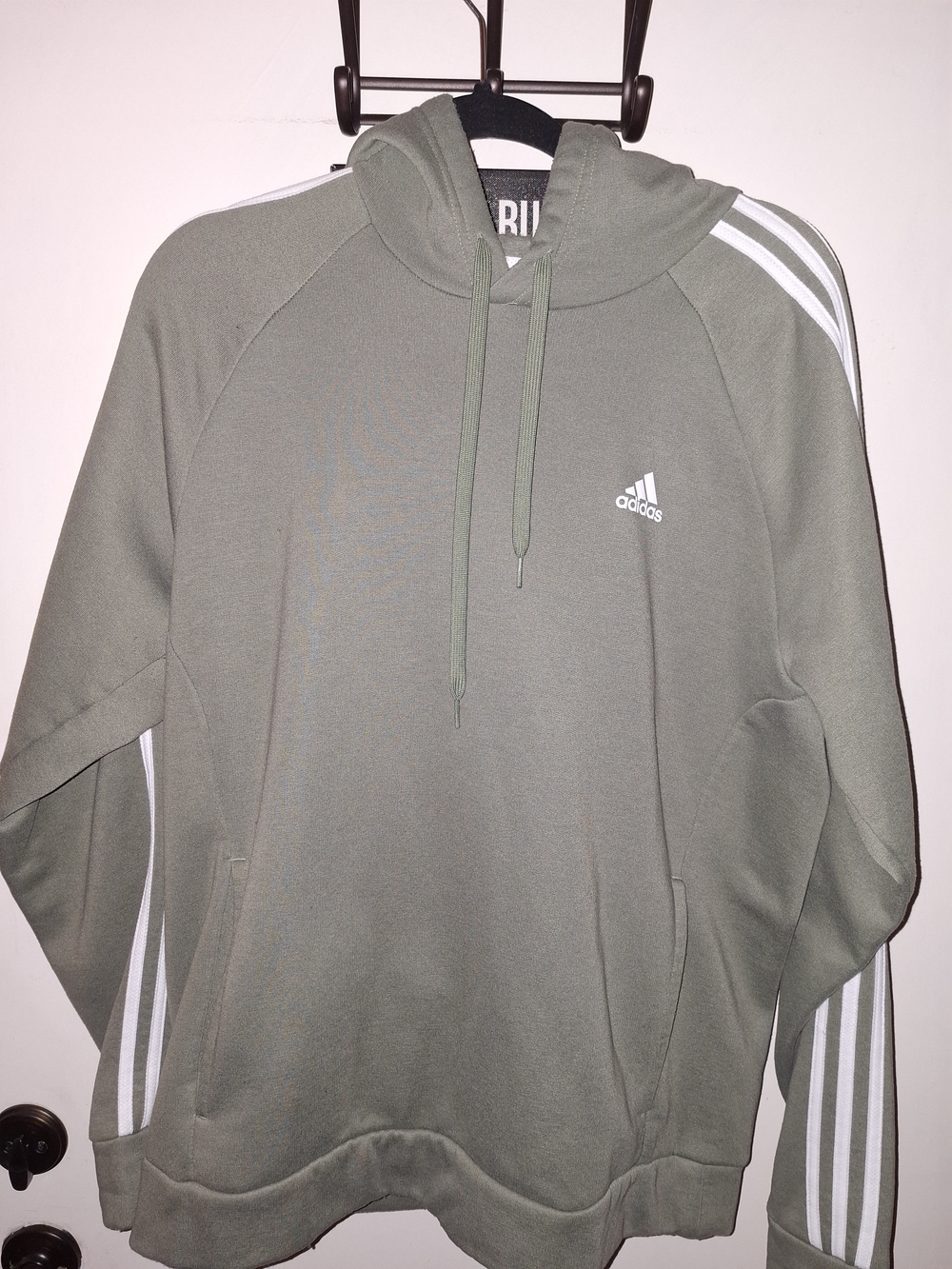 Adidas Olive Green Hoodie with White Sleeve Stripes